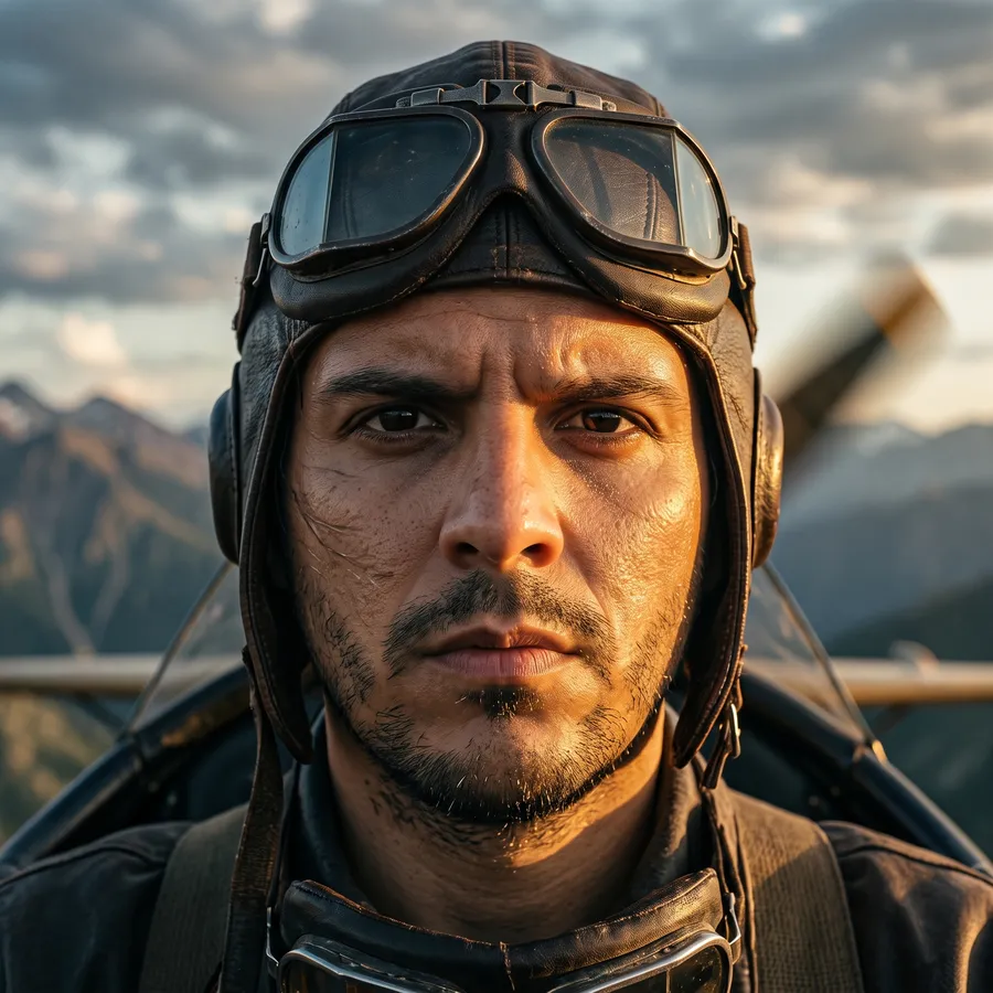 Retrato de Diego Acuña creado con inteligencia artificial, como piloto de avioneta